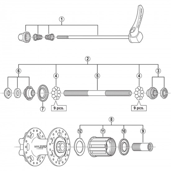 Shimano FH-M756-A complete hub axle, 146 mm