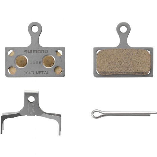 Shimano G04Ti-MX disc pads and spring, metal sintered pad, titanium back Shimano G04Ti-MX disc pads and spring, metal sintered pad, titanium back