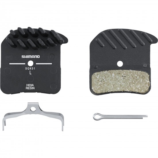 Shimano H03A-RF disc pads and spring, resin pad, alloy back, cooling fins Shimano H03A-RF disc pads and spring, resin pad, alloy back, cooling fins