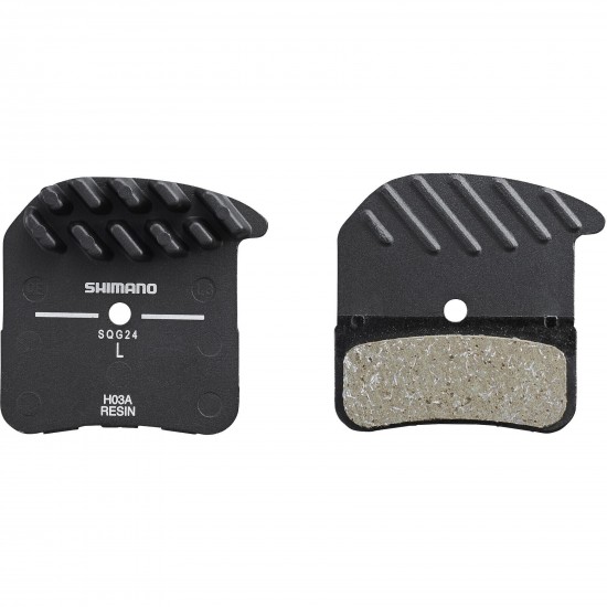 Shimano H03A-RF disc pads and spring, resin pad, alloy back, cooling fins Shimano H03A-RF disc pads and spring, resin pad, alloy back, cooling fins