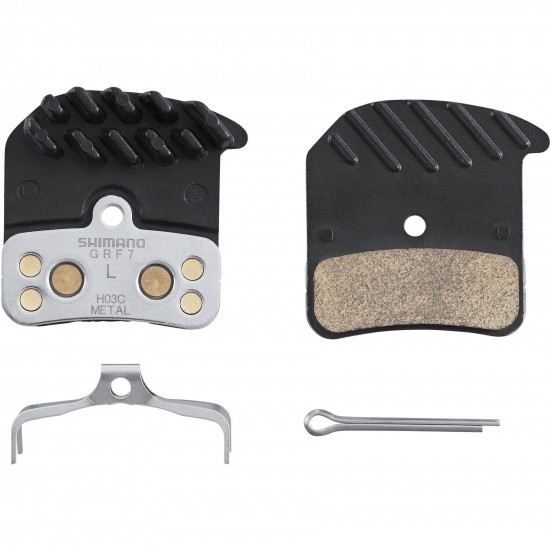 Shimano H03C-MF disc pads and spring, metal sintered, alloy/stainless back, cooling fins Shimano H03C-MF disc pads and spring, metal sintered, alloy/stainless back, cooling fins