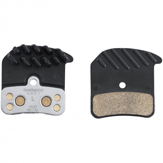 Shimano H03C-MF disc pads and spring, metal sintered, alloy/stainless back, cooling fins Shimano H03C-MF disc pads and spring, metal sintered, alloy/stainless back, cooling fins