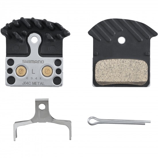 Shimano J04C-MF disc pads and spring, metal sintered, alloy/stainless back, cooling fins Shimano J04C-MF disc pads and spring, metal sintered, alloy/stainless back, cooling fins