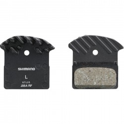 Shimano J05A-RF disc pads and spring, resin pad, alloy back, cooling fins Shimano J05A-RF disc pads and spring, resin pad, alloy back, cooling fins