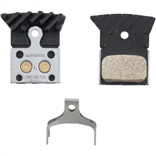 Shimano L04C-MF disc pads and spring, metal sintered, alloy/stainless back, cooling fins Shimano L04C-MF disc pads and spring, metal sintered, alloy/stainless back, cooling fins