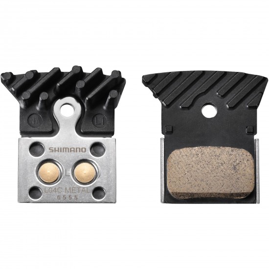 Shimano L04C-MF disc pads and spring, metal sintered, alloy/stainless back, cooling fins Shimano L04C-MF disc pads and spring, metal sintered, alloy/stainless back, cooling fins