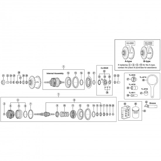 Shimano SM-S500 Alfine S500 hub components - non-turn washers, cap nuts and CJ-8S20