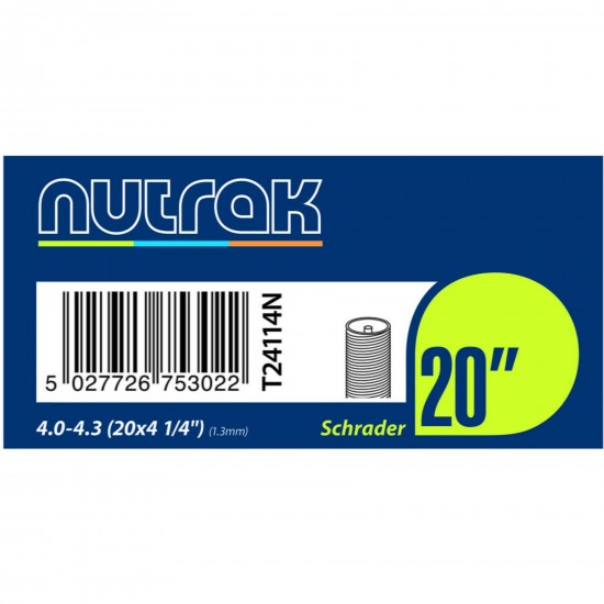 Nutrak TUBE Nutrak 20x4 1/4 Sch 20 x 4 1/4 inch Schrader valve 1.3mm fat bike inner tube Nutrak TUBE Nutrak 20x4 1/4 Sch 20 x 4 1/4 inch Schrader valve 1.3mm fat bike inner tube