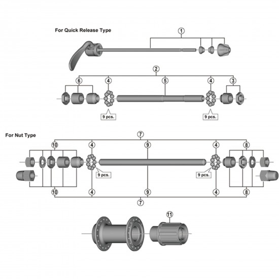Shimano FH-TY500 complete hub axle for nut type, 185 mm Shimano FH-TY500 complete hub axle for nut type, 185 mm