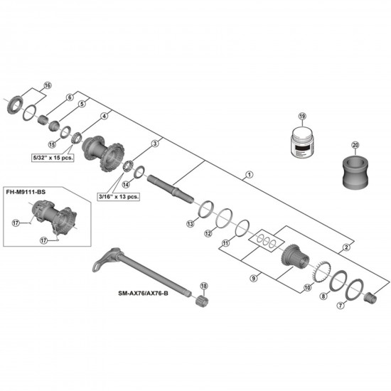 Shimano FH-M9111 complete hub axle, 148 mm