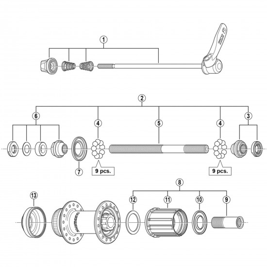 Shimano FH-M629 complete hub axle, 146 mm Shimano FH-M629 complete hub axle, 146 mm
