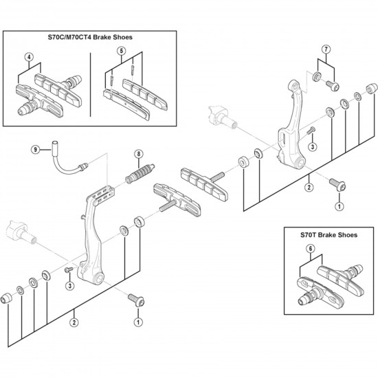 Shimano M70CT4 BR-T610S cartridge type threaded brake shoe, alloy rims, pair Shimano M70CT4 BR-T610S cartridge type threaded brake shoe, alloy rims, pair