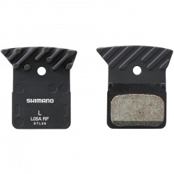 Shimano L05A-RF disc pads and spring, resin pad, alloy back, cooling fins Shimano L05A-RF disc pads and spring, resin pad, alloy back, cooling fins