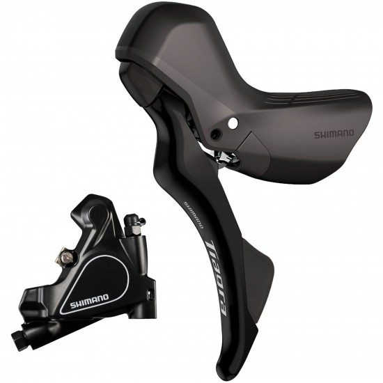 Shimano ST-R4020 Tiagra 2-speed STI bled with BR-RS405 flat mount calliper, left rear