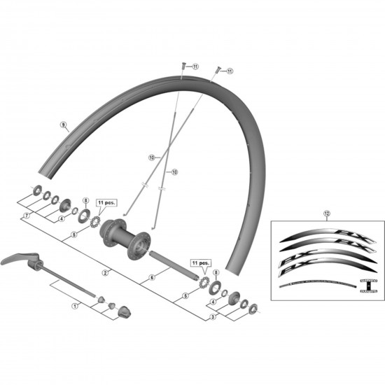 Shimano WH-RX010-F complete hub axle, 108 mm