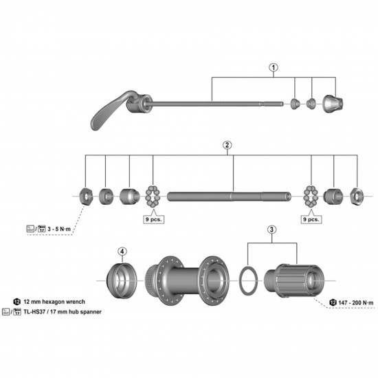 Shimano FH-TX505 complete hub axle, 146 mm Shimano FH-TX505 complete hub axle, 146 mm