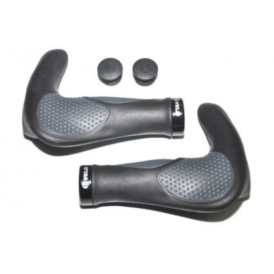 Velo Ergonomic Grips with Bar Ends – Black/Grey Pair Velo Ergonomic Grips with Bar Ends – Black/Grey Pair