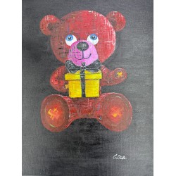Hand-Painted ‘Teddy With Gift’ Modern Pop-Art Canvas – Original by C. Schutz Hand-Painted ‘Teddy With Gift’ Modern Pop-Art Canvas – Original by C. Schutz