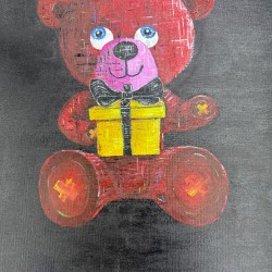 Hand-Painted ‘Teddy With Gift’ Modern Pop-Art Canvas – Original by C. Schutz Hand-Painted ‘Teddy With Gift’ Modern Pop-Art Canvas – Original by C. Schutz